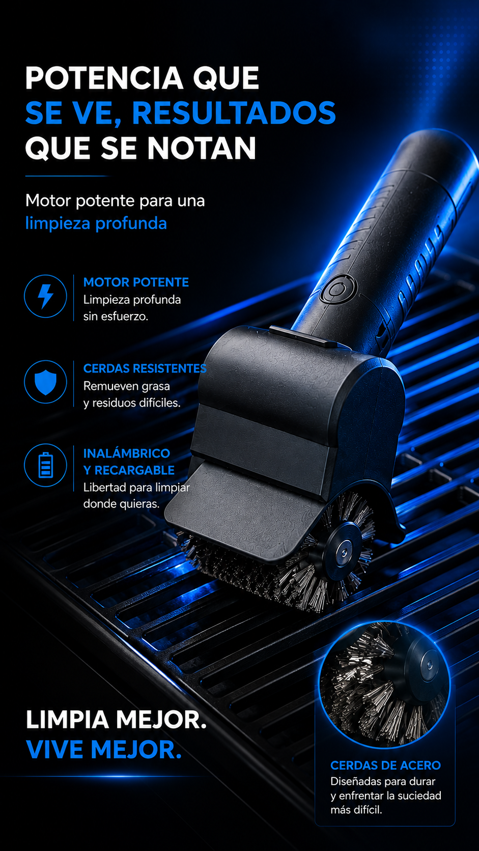 Cepillo Eléctrico Limpia Parrillas — Sin Esfuerzo, Sin Riesgo de Cerdas Sueltas